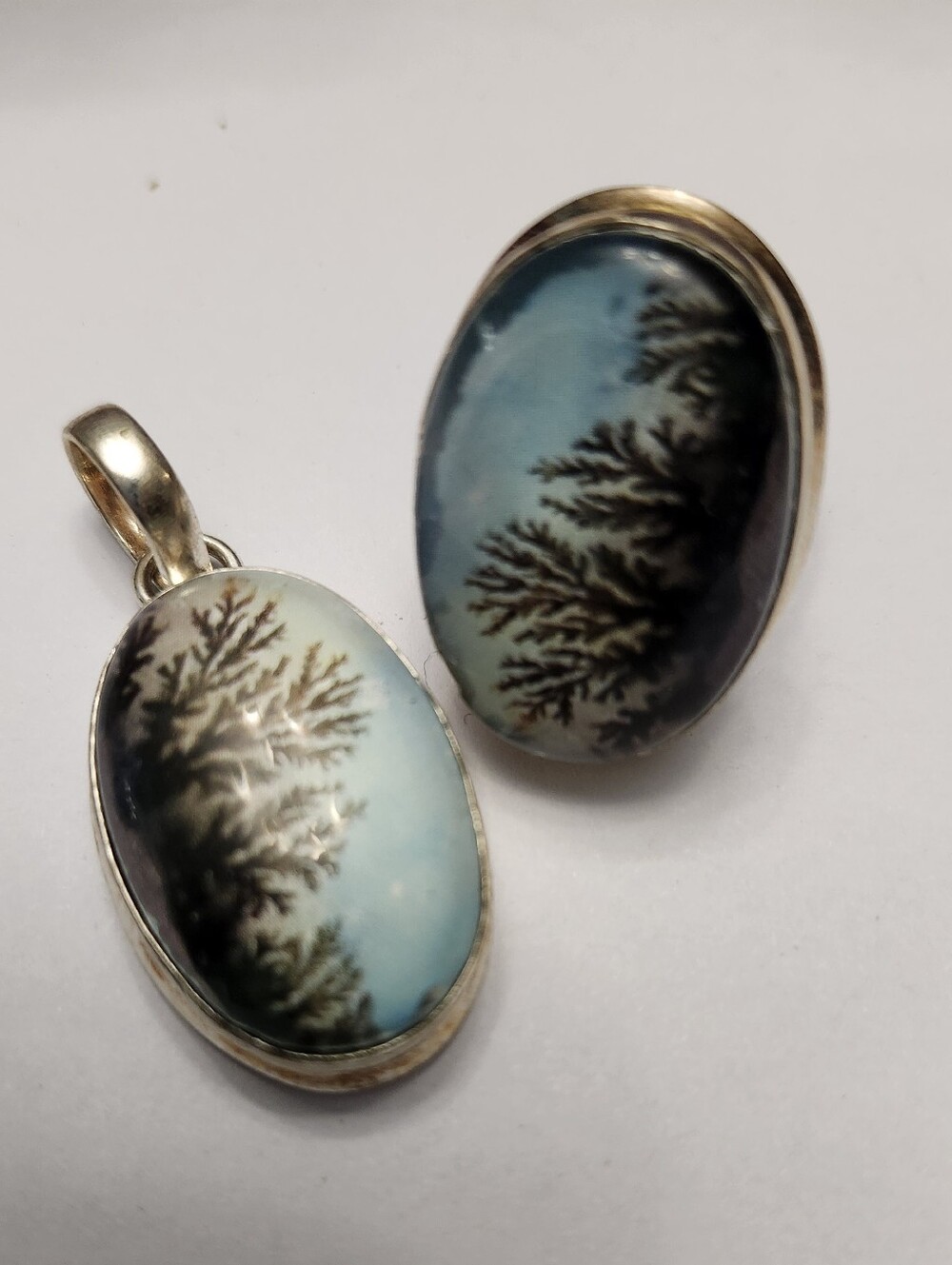 New Blue Dendritic Opal Agate Pendant and Ring Set 925 Sterling Silver Size 9